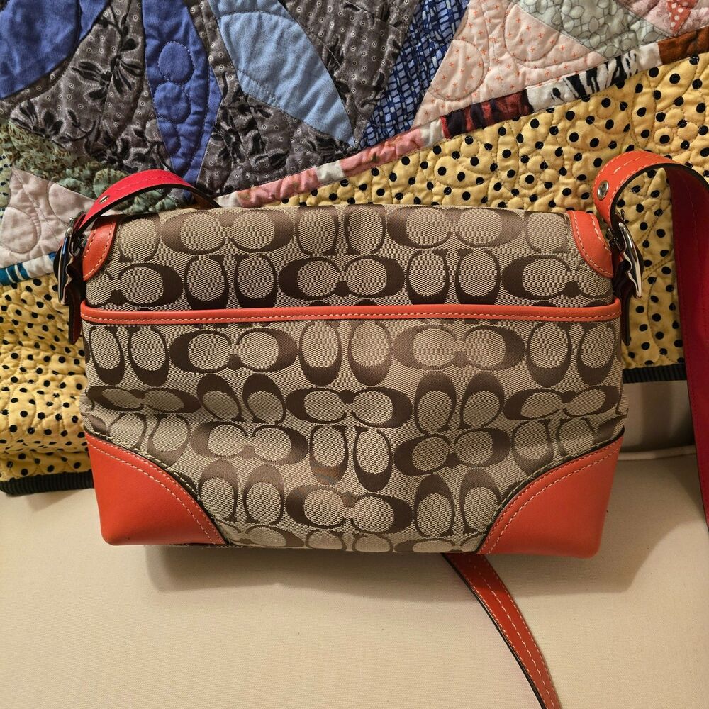Coach Hampton Signature Flap Orange Leather Trim and Tan Crossbody Bag - Picture 2 of 9